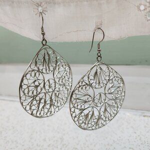 BFD - Openwork Silver Toned Filigree Dangle Earrings
